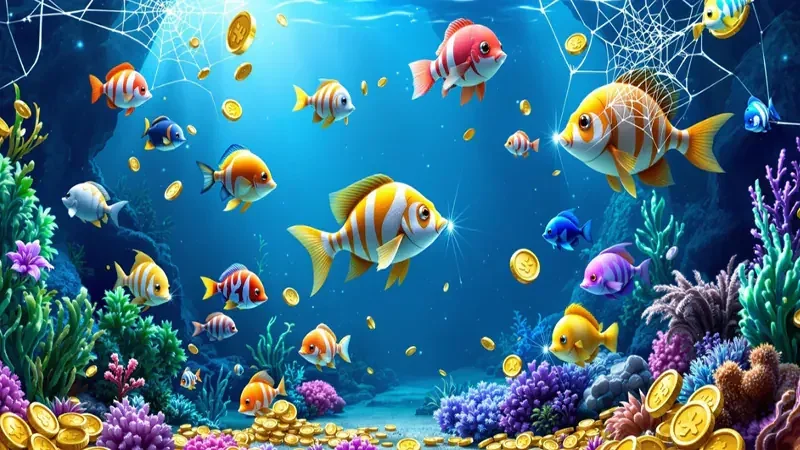 Adegan sasaran ikan dan kendali meriam dalam permainan arcade